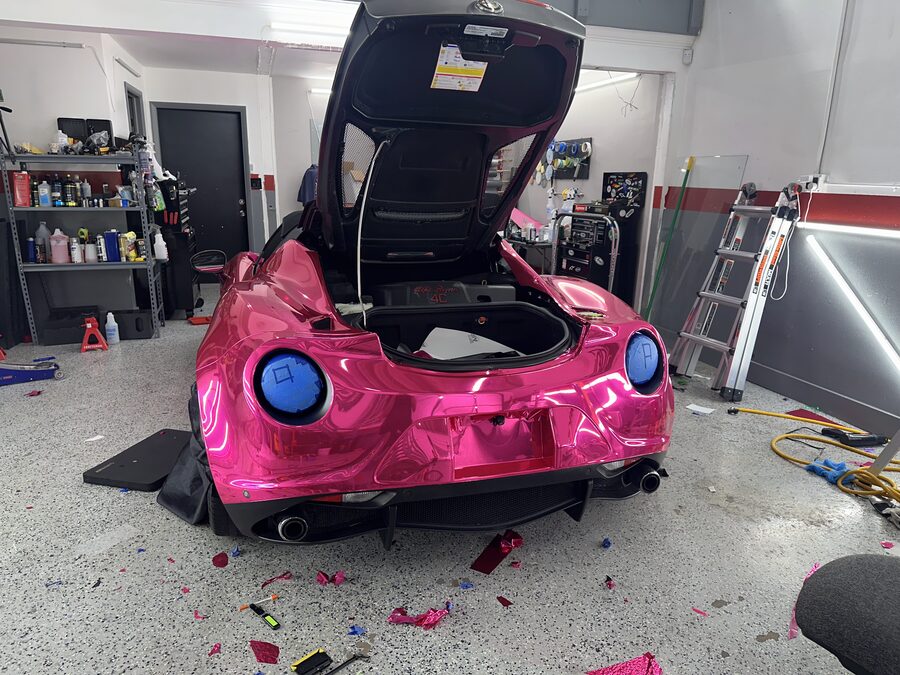 Chrome pink Alfa Romeo 4C color change wrap