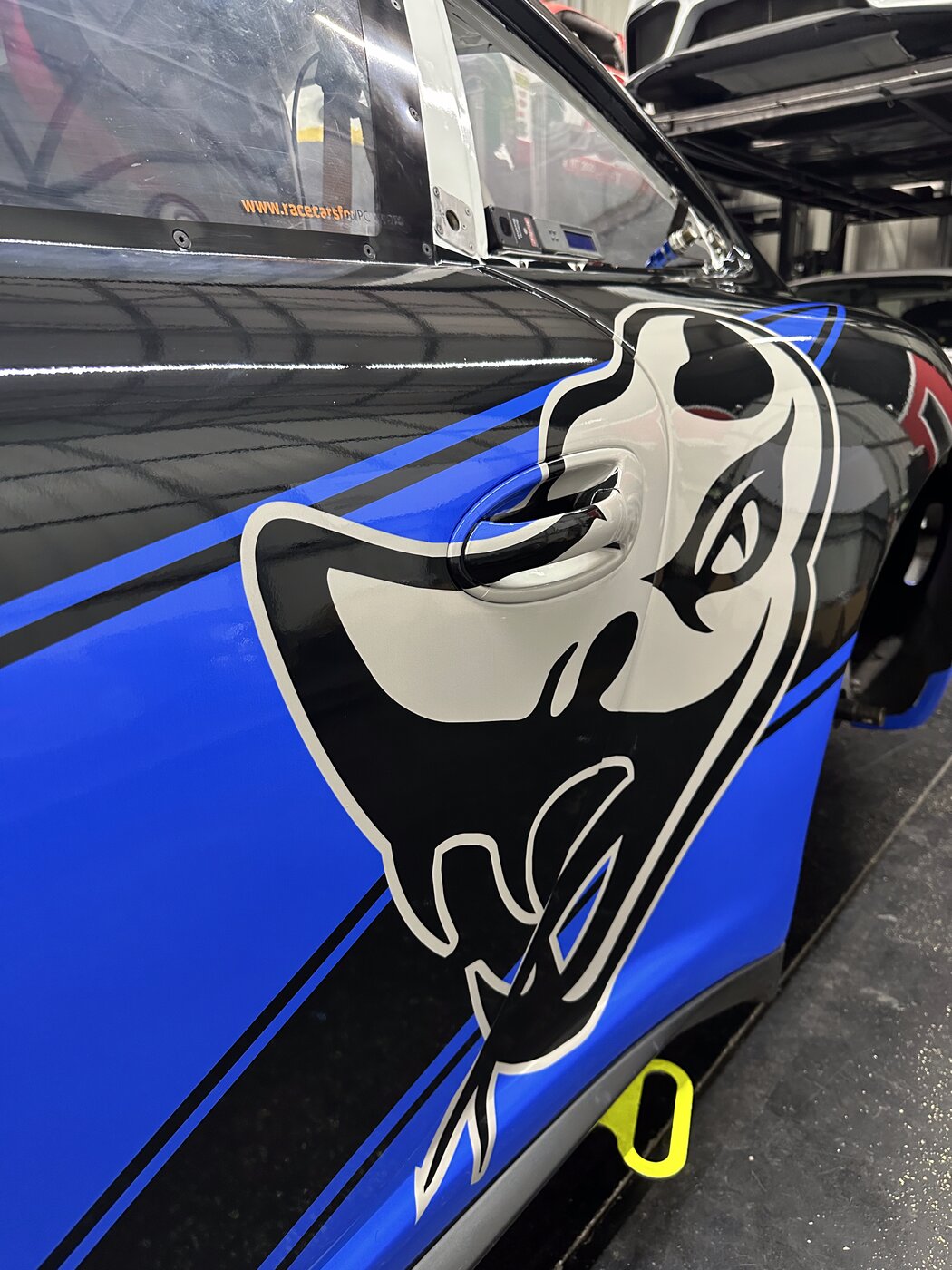 Blue race car livery detail